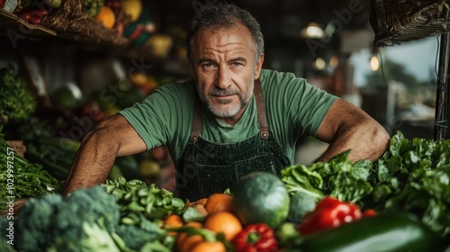 A man with a warm smile stands behind a vibrant produce stand filled with a variety of fresh vegetables, capturing the essence of market life and human interaction.