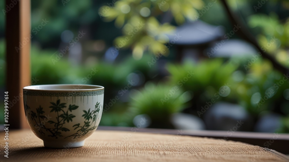 A traditional Japanese teacup sits on a wooden table, a peaceful garden scene blurred in the background. A traditional Japanese teacup sits on a wooden table, a peaceful garden scene blurred in the background.