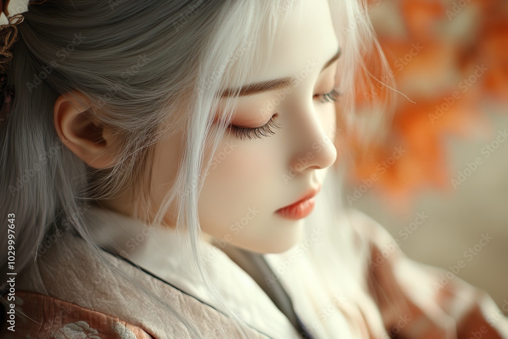 Highlight a single silver-haired beauty in stillness., Highlight a single silver-haired beauty in stillness.,