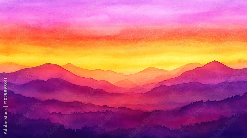 Fototapeta premium Vibrant Sunset Over Mountain Range Watercolor Painting Abstract Gradient Background with Copy Space
