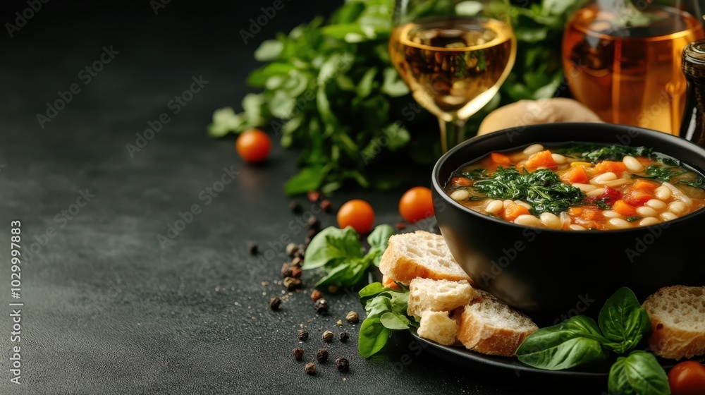 A hearty vegetable and bean soup is paired with crusty bread and complemented by a glass of wine on a rustic table, creating a warm, inviting meal setting. A hearty vegetable and bean soup is paired with crusty bread and complemented by a glass of wine on a rustic table, creating a warm, inviting meal setting.