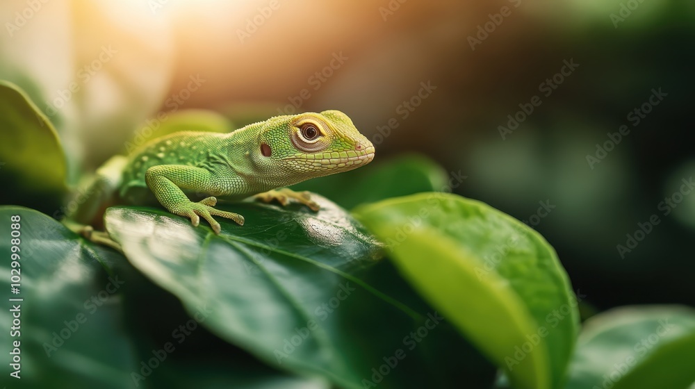 A detailed close-up of a vibrant green lizard perched on lush green leaves, captured in exquisite detail under the soft and warm rays of sunlight filtering through the foliage. A detailed close-up of a vibrant green lizard perched on lush green leaves, captured in exquisite detail under the soft and warm rays of sunlight filtering through the foliage.