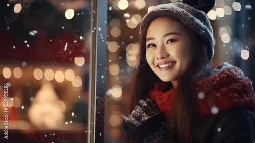 smiling asian woman shopping on the street at christmas