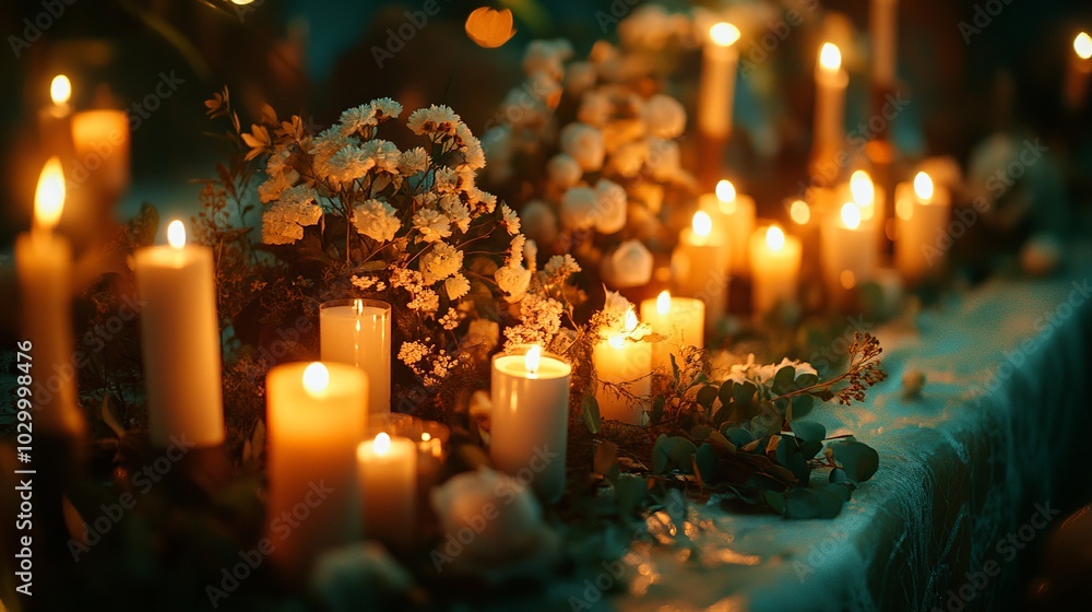 Candles illuminate the table, casting a soft glow upon the intricate arrangement. Candles illuminate the table, casting a soft glow upon the intricate arrangement.