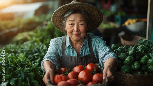 An elderly woman stands at an outdoor market stall, offering fresh vegetables with a warm smile, wearing a sun hat and apron amidst vibrant produce abound.