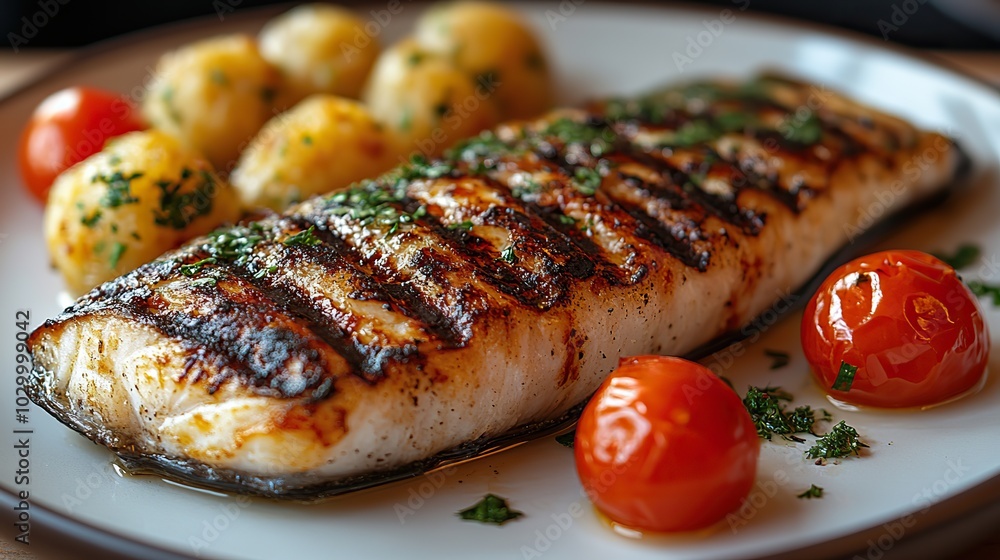 Fresh grilled sea bass with tomatoes and potato balls served on a white plate. Fresh grilled sea bass with tomatoes and potato balls served on a white plate.