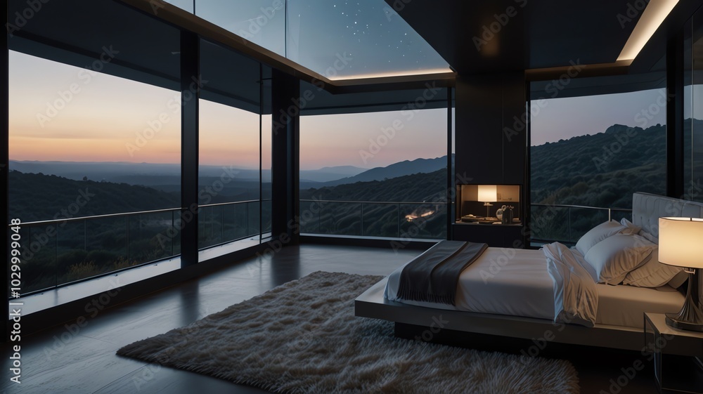 Fototapeta premium a bedroom with a view of the mountains and a bed.