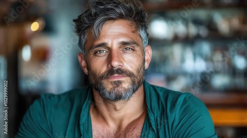 A mature man with gray hair and a beard gives a serious and contemplative look while seated indoors, highlighting his strong features and thoughtful expression. photo