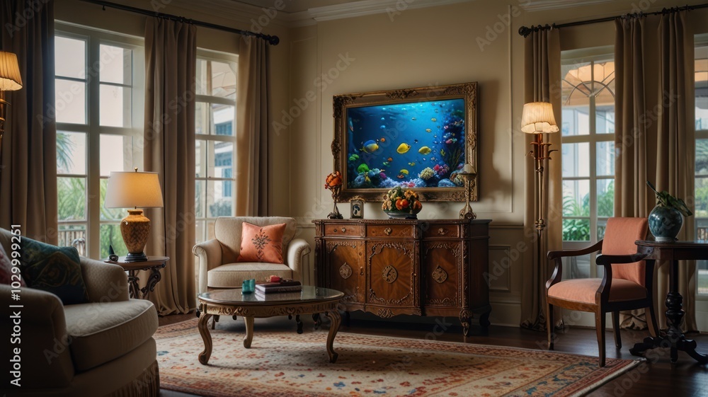 A living room with a large framed aquarium, a vintage cabinet and a rug. The windows are draped with curtains. A living room with a large framed aquarium, a vintage cabinet and a rug. The windows are draped with curtains.