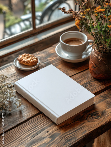 Blank book and coffee on wooden table  
