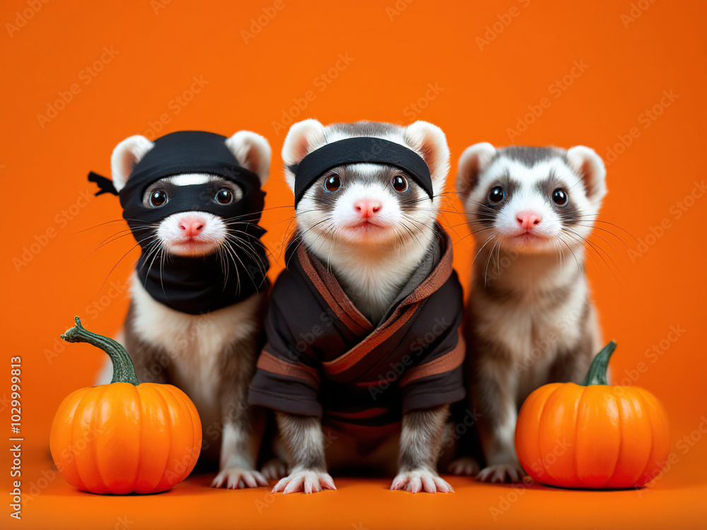 Obraz premium Festive Ferrets and Fall Pumpkins 