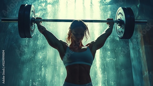 Strong woman lifting heavy weights with water cascading in background photo