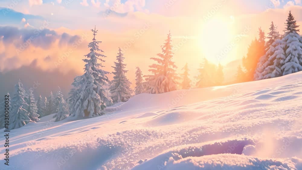 Morning sun casts a warm glow on snowy mountain peak, creating long shadows on frosted trees, Soft hues of light casting a warm glow over a snowy landscape Morning sun casts a warm glow on snowy mountain peak, creating long shadows on frosted trees, Soft hues of light casting a warm glow over a snowy landscape