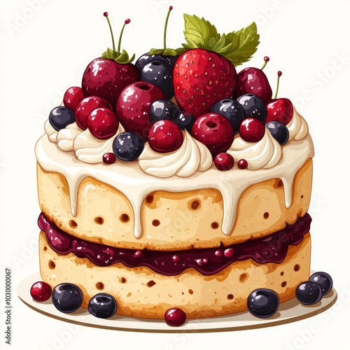 Delicious Cake with Whipped Cream and Fresh Berries Illustration