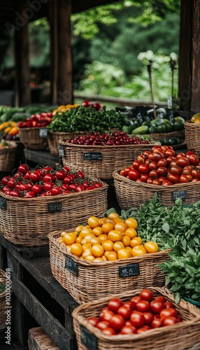 Fresh produce displayed in baskets at a farmers market.