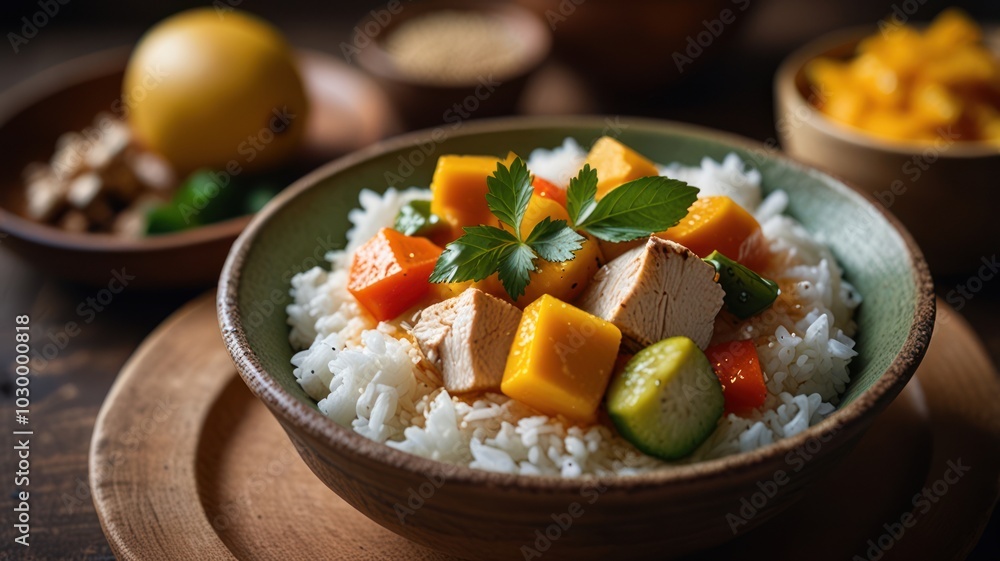 A bowl of white rice with mango curry, topped with fresh herbs. A bowl of white rice with mango curry, topped with fresh herbs.