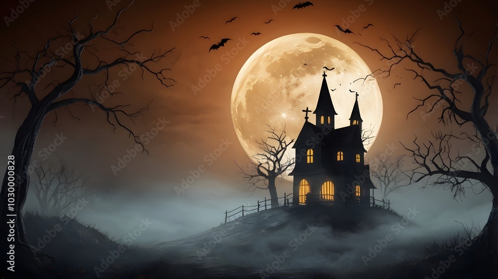 Haunted Mansion with Chilling Full Moon and Dark Night Scenery Haunted Mansion with Chilling Full Moon and Dark Night Scenery