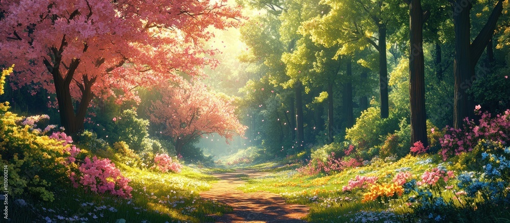 A sun-drenched path meanders through a lush forest, dappled sunlight filtering through the canopy of vibrant green trees and pink blossom trees. A sun-drenched path meanders through a lush forest, dappled sunlight filtering through the canopy of vibrant green trees and pink blossom trees.