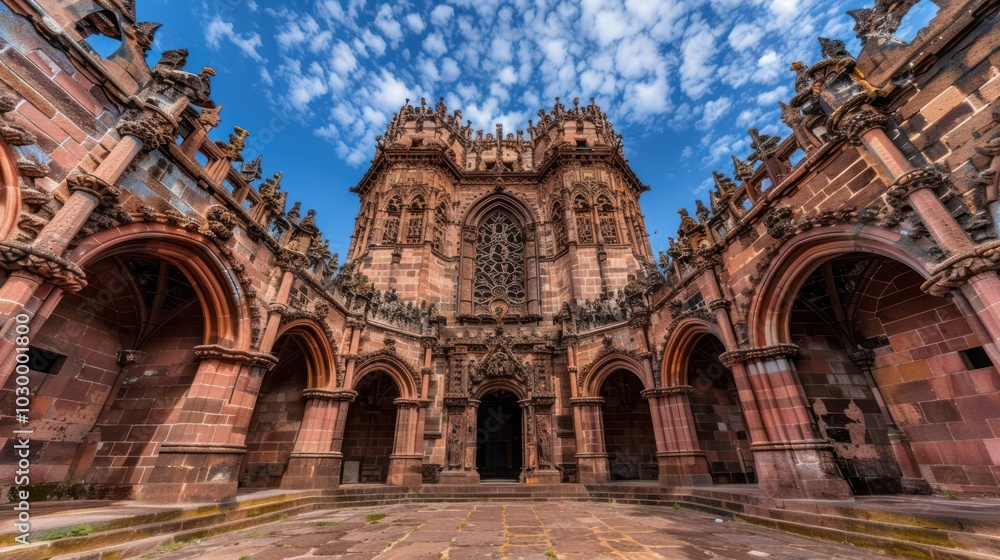 Obraz premium Ornate Stone Chapel with Arched Entryways and a Stained-Glass Window