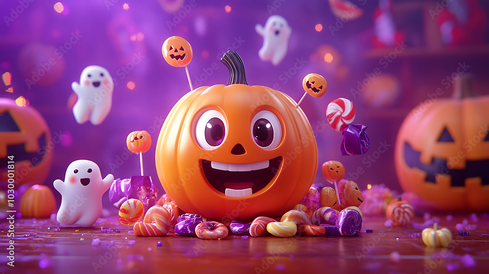cheerful cartoon pumpkin surrounded by colorful candy and playful ghosts cheerful cartoon pumpkin surrounded by colorful candy and playful ghosts