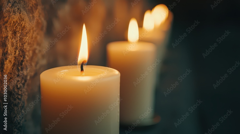 Ornate church candles illuminate an ancient stone chapel, evoking a sacred and spiritual atmosphere. Ornate church candles illuminate an ancient stone chapel, evoking a sacred and spiritual atmosphere.