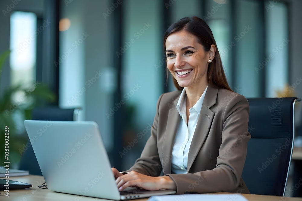 Happy busy mature business woman entrepreneur in office using laptop at work, smiling professional middle aged female company executive manager working looking at computer at workplace Happy busy mature business woman entrepreneur in office using laptop at work, smiling professional middle aged female company executive manager working looking at computer at workplace