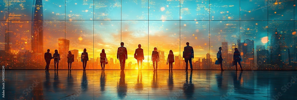 Digital growth symbols back a group of business people in a corporate setting. Digital growth symbols back a group of business people in a corporate setting.