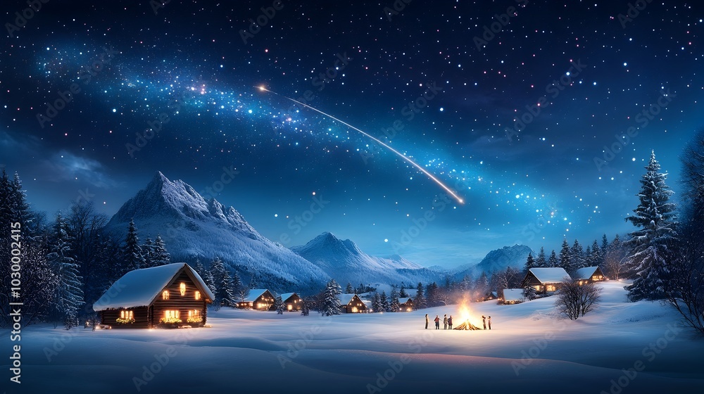 Fototapeta premium Serene Midnight Countryside Landscape with Cozy Cabins and Starry Sky on New Year s Eve