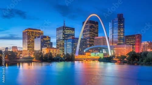 City Skyline at Dusk with Illuminated Arch Structure and Reflections on Tranquil River