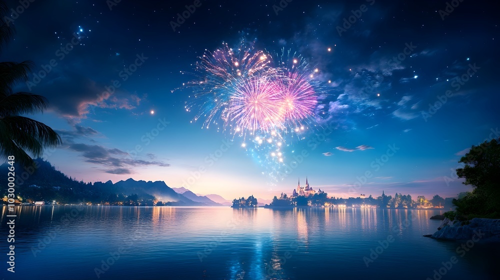 Ethereal Fireworks Display Cascading Over Serene Countryside Landscape at Golden Hour Ethereal Fireworks Display Cascading Over Serene Countryside Landscape at Golden Hour