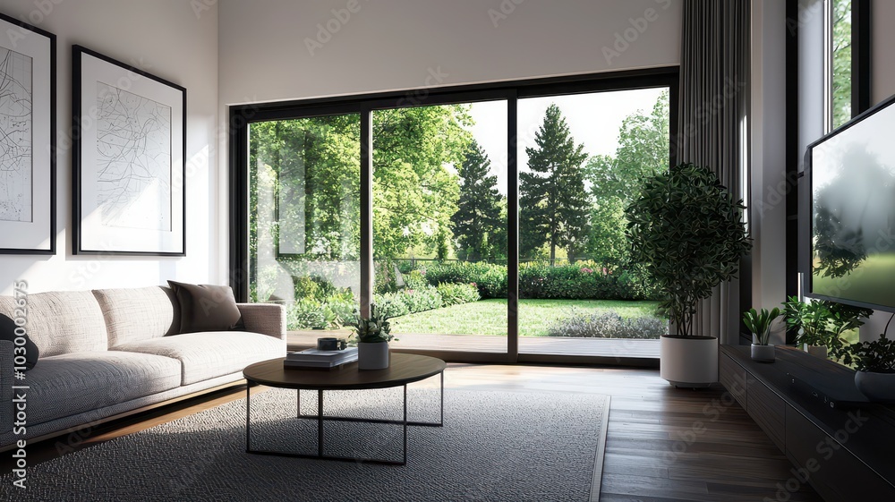 Fototapeta premium Stylish modern living room with open folding doors revealing a lush garden, perfect for summer relaxation.