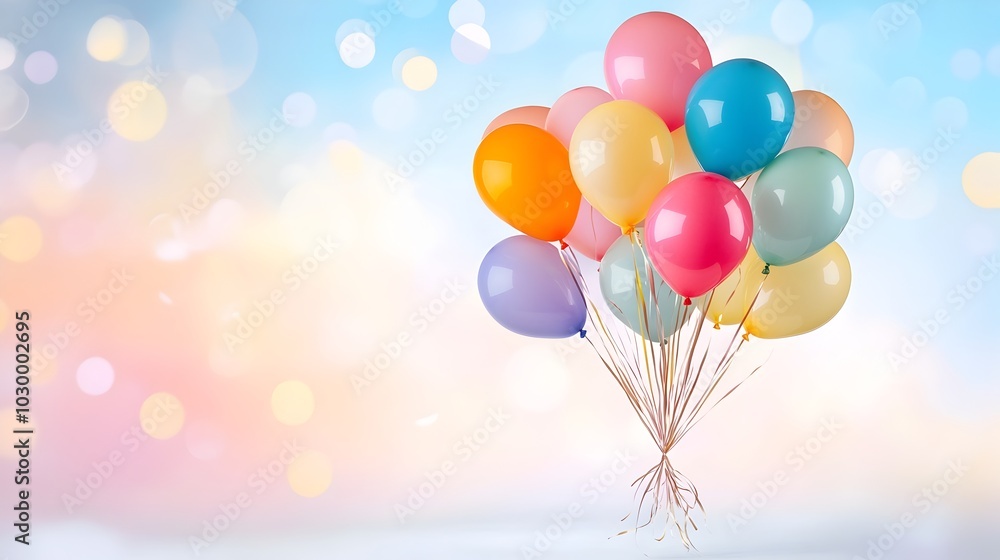 Vibrant Cluster of Colorful Floating Balloons in Ethereal Sunset Setting