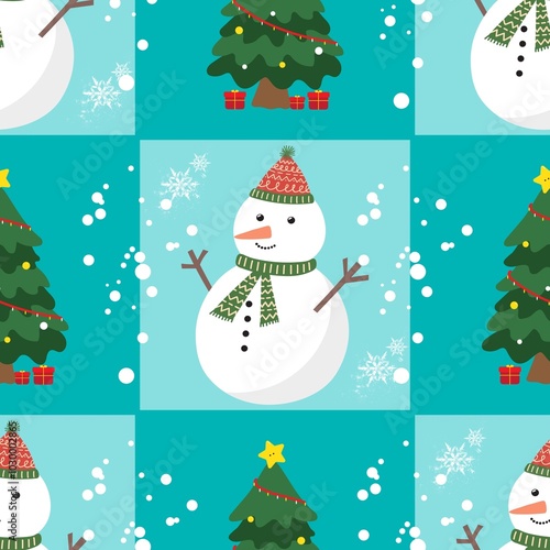Seamless pattern with snowman and christmas tree. Vector illustration. christmas background with christmas tree and snowman.