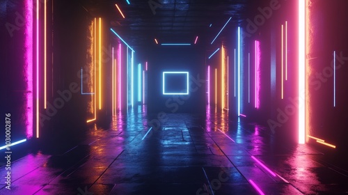 A dark, narrow corridor lined with vibrant neon lights creates a futuristic and surreal atmosphere.