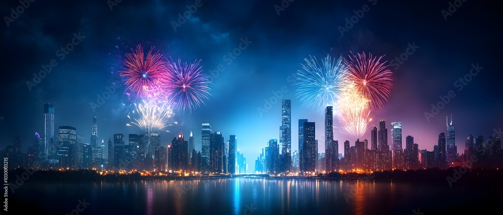 Obraz premium Dazzling Fireworks Over a Vibrant Cityscape on New Year s Eve