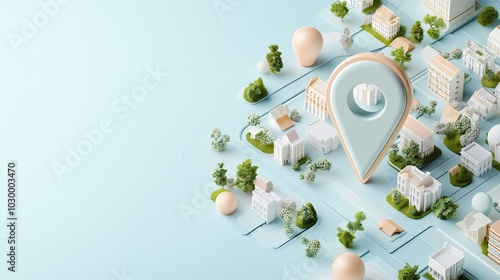 A stylized, aerial view of a cityscape featuring buildings, greenery, and a large location pin, symbolizing navigation and location services.