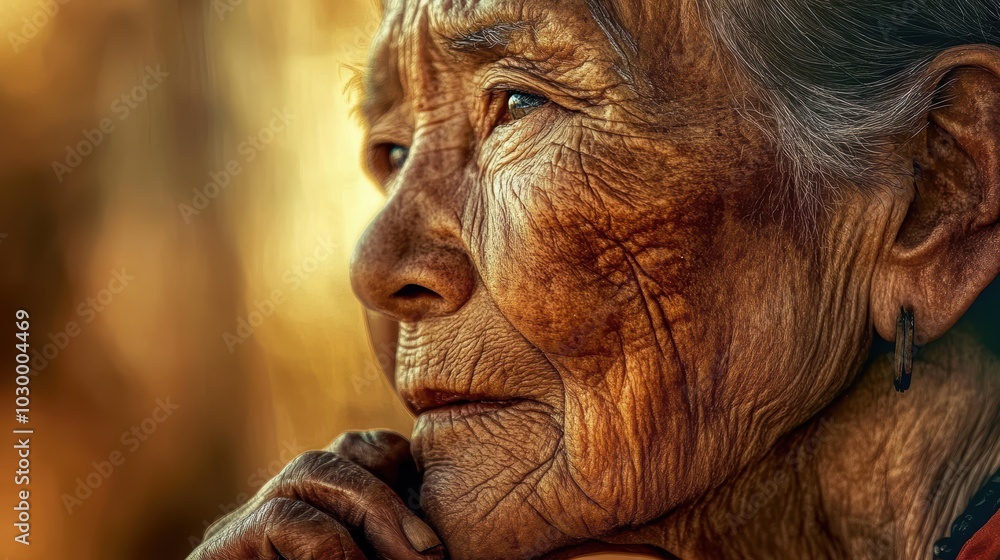 Close-up side profile of an elderly woman with deep wrinkles, resting her chin on her hand, lost in thought, bathed in warm golden light. Close-up side profile of an elderly woman with deep wrinkles, resting her chin on her hand, lost in thought, bathed in warm golden light.