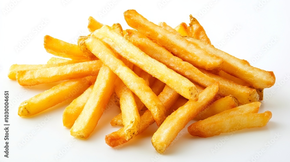 Crisp and golden French fries, isolated on a pure white background, tantalize the taste buds with their irresistible crunch and savory flavor. Crisp and golden French fries, isolated on a pure white background, tantalize the taste buds with their irresistible crunch and savory flavor.