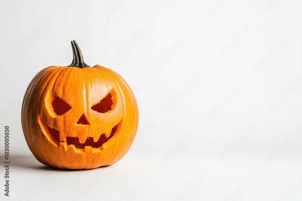 Carved Pumpkin with a Glowing Evil Face on a White Background Carved Pumpkin with a Glowing Evil Face on a White Background