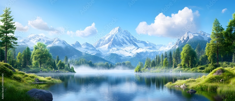 Breathtaking Mountainous Landscape with Serene Alpine Lake and Misty Forest Breathtaking Mountainous Landscape with Serene Alpine Lake and Misty Forest