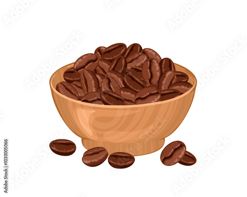 Coffee beans in wooden bowl isolated on white. Vector cartoon flat illustration.
