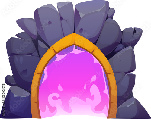 Fantasy game magic portal door, witchcraft game asset. Cartoon vector stone arch, mysterious teleport entry with glowing pink energy and rocks. Mystical and magical time travel adventure doorway gate