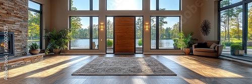 An elegant home entrance showcases modern design with wooden floors.