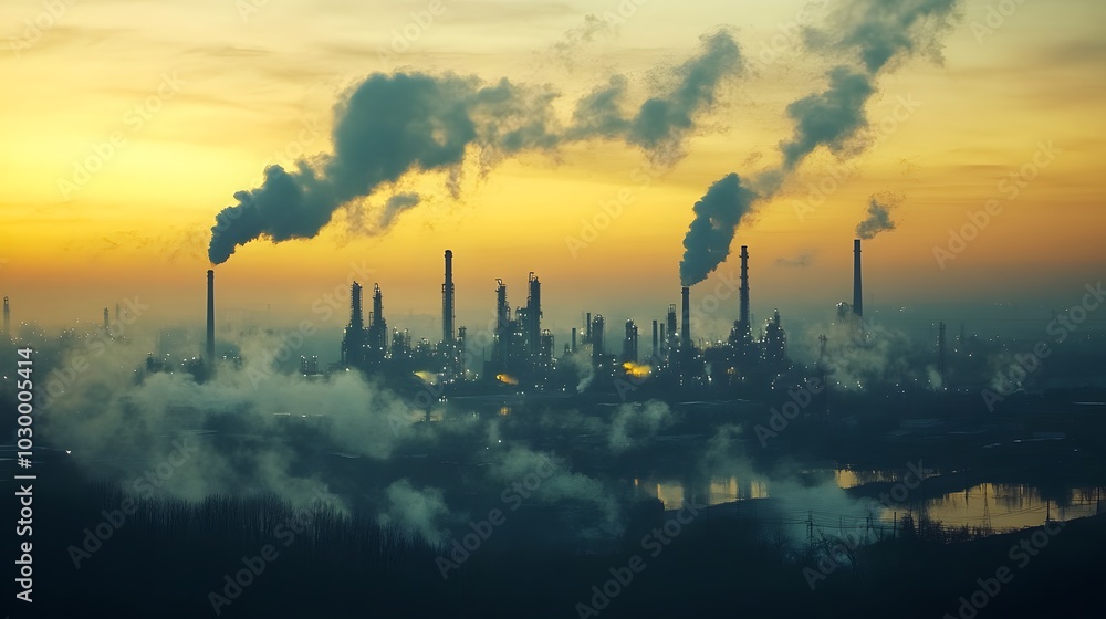 Obraz premium A painting of a city with a large oil refinery and a large oil tank. The sky is orange and the sun is setting