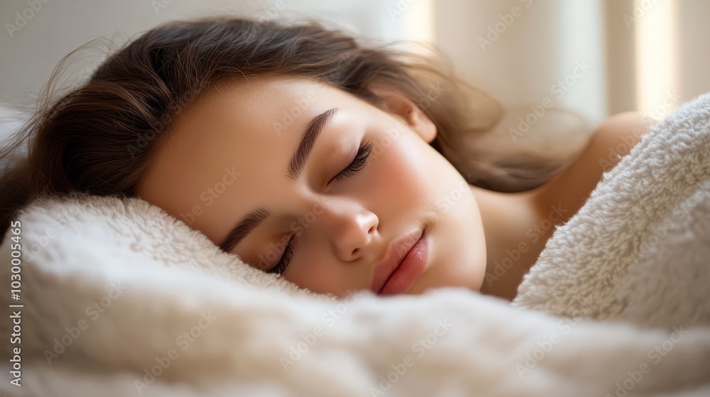 Peaceful Slumber: A young woman rests serenely, enveloped in soft blankets, enjoying a moment of tranquil sleep. The image conveys a sense of calm and relaxation. Peaceful Slumber: A young woman rests serenely, enveloped in soft blankets, enjoying a moment of tranquil sleep. The image conveys a sense of calm and relaxation.