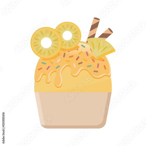 Pineapple ice cream with wafer rolls vector illustration. Fresh fruit and sweet dessert.