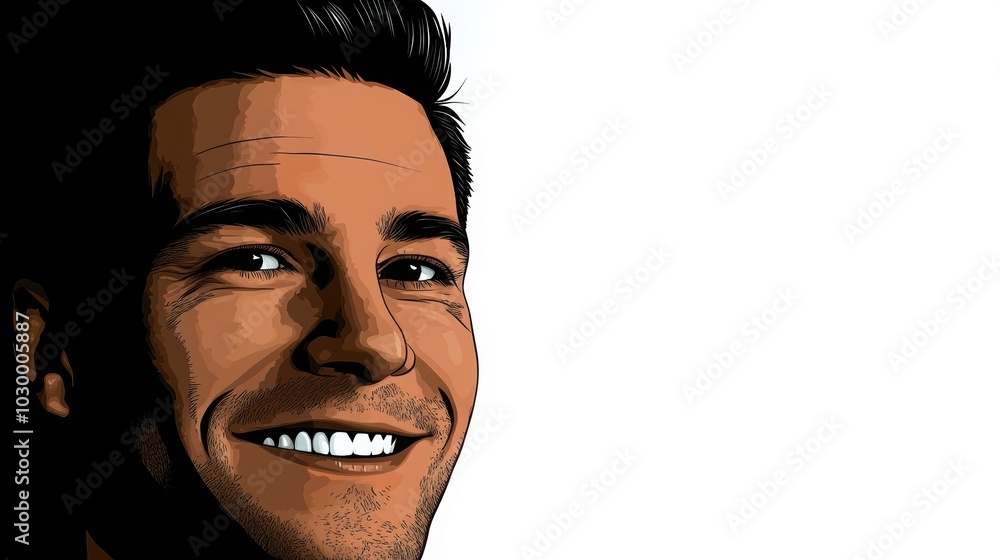 Stylized illustration of a smiling man with bold shadows and sharp ...
