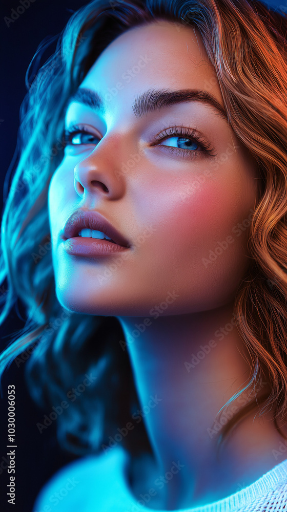 Naklejka premium Close-up of a woman’s face illuminated by neon blue and pink lights, creating bold contrasts and an edgy, futuristic vibe the vibrant colors reflect off her smooth skin