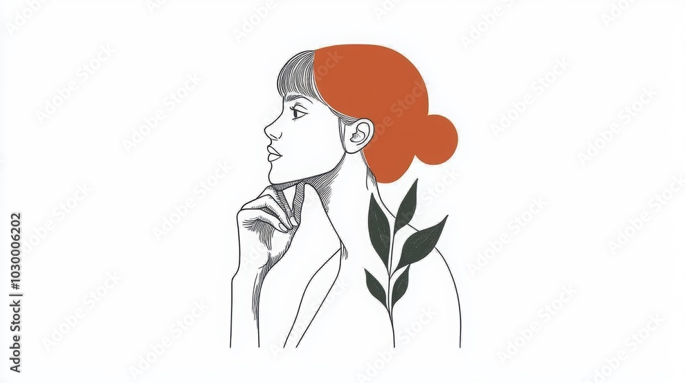 A minimalist line drawing of a woman in profile with orange hair, contemplating, with leaves illustrated on her shoulder. A minimalist line drawing of a woman in profile with orange hair, contemplating, with leaves illustrated on her shoulder.