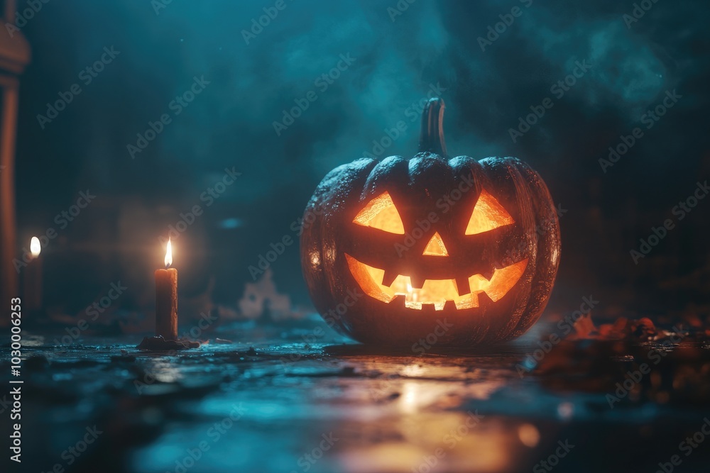 A Lit Jack-o'-Lantern on a Foggy Halloween Night A Lit Jack-o'-Lantern on a Foggy Halloween Night